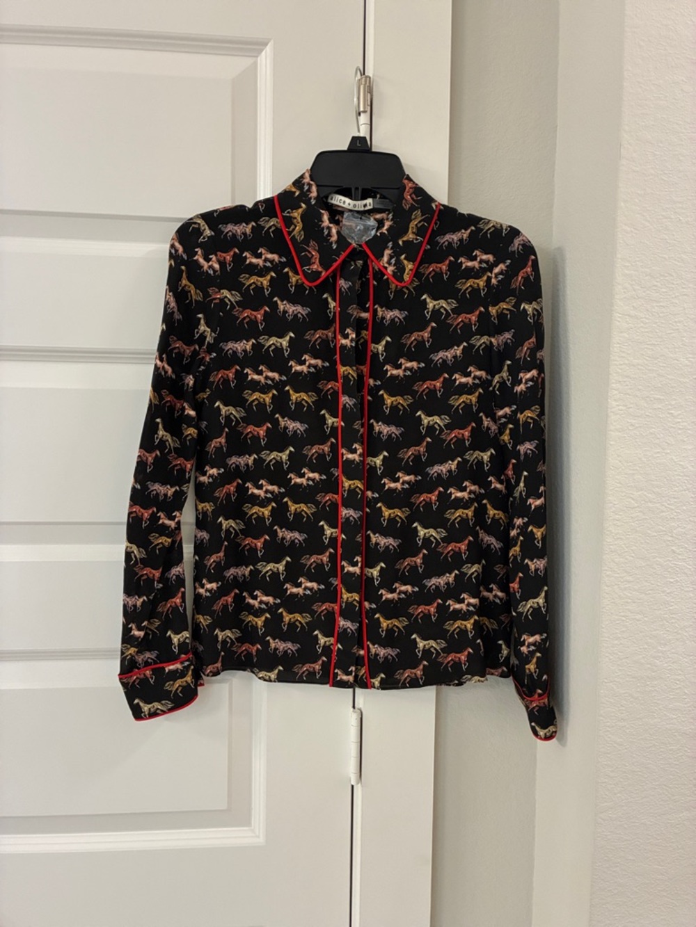 Alice + Olivia Black Horse Print Button-Up Blouse with Red Piping